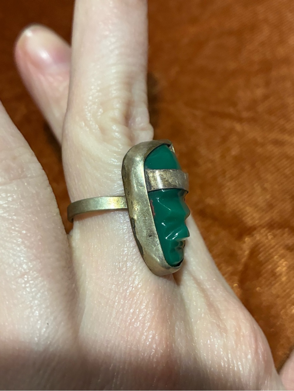 Vintage Alpaca Mexico Green Glass Abstract Face Ring - Picture 4 of 8